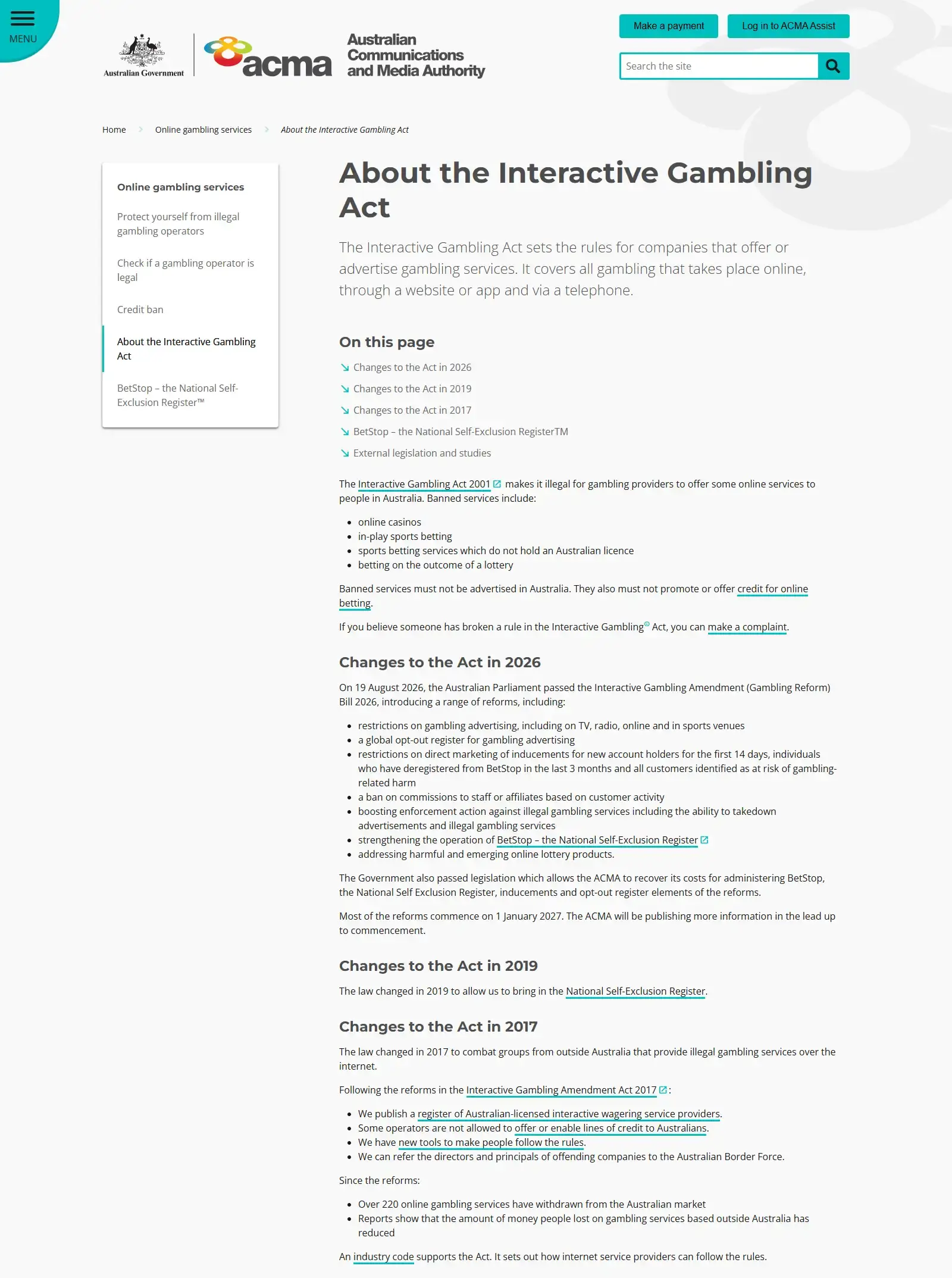 ACMA information about illegal online gambling services in Australia