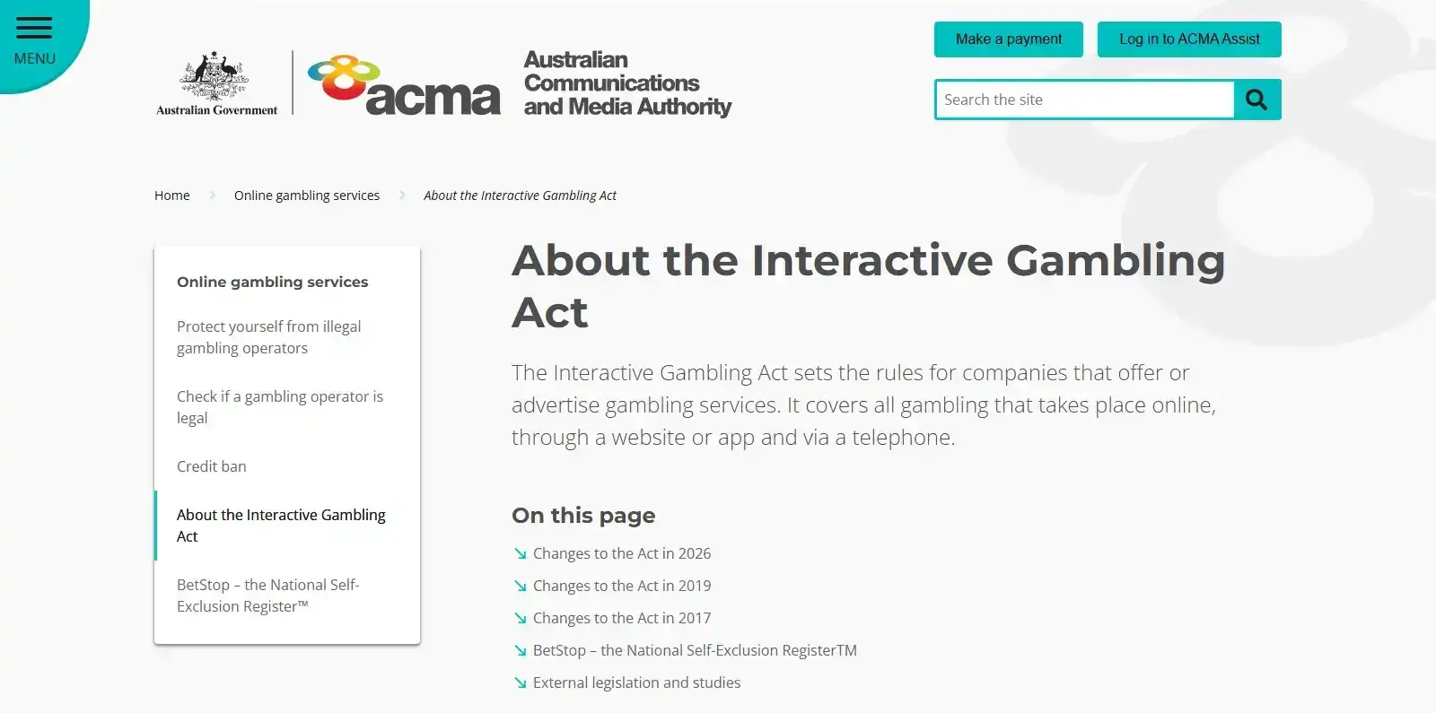 ACMA information explaining Australia's interactive gambling rules