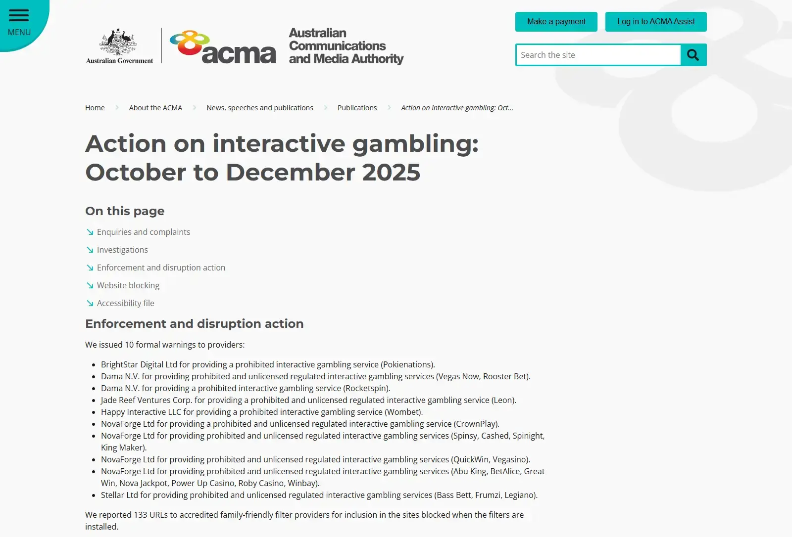 ACMA regulator evidence concerning Vegas Now