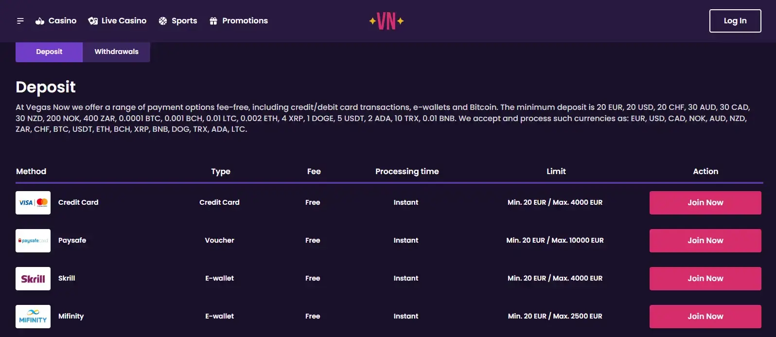 Vegas Now Deposits and Withdrawals current Vegas Now interface