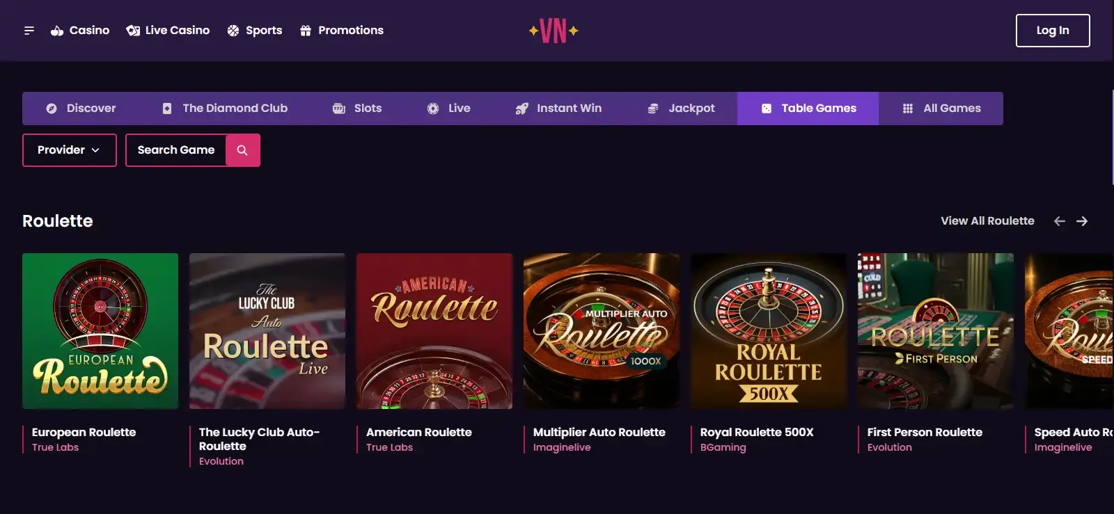 Vegas Now games catalogue with pokies and provider filters
