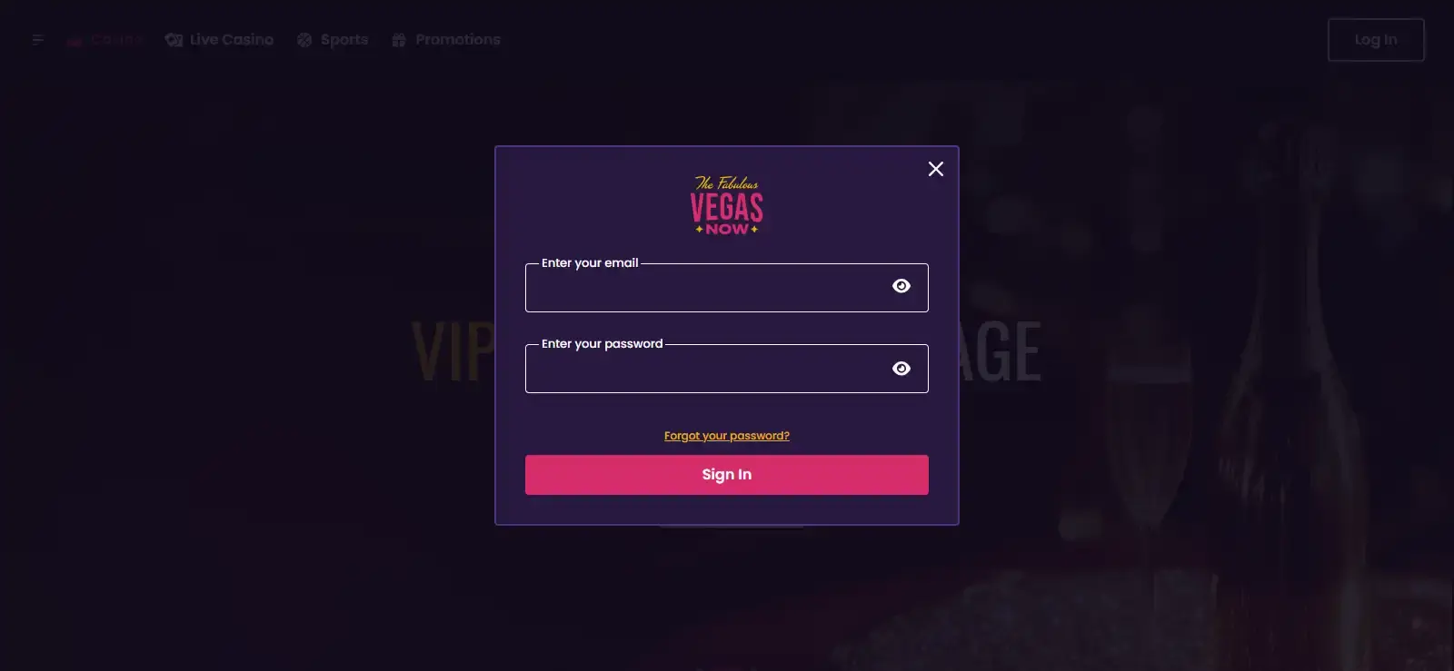 Vegas Now Join Now registration interface