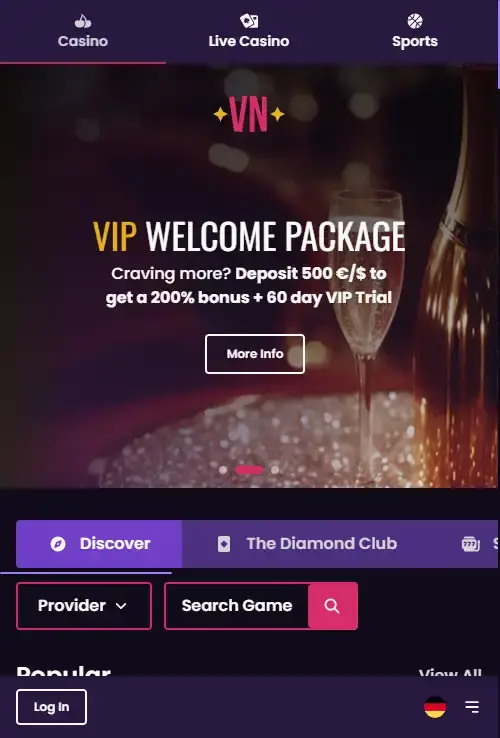 Vegas Now mobile casino interface reference