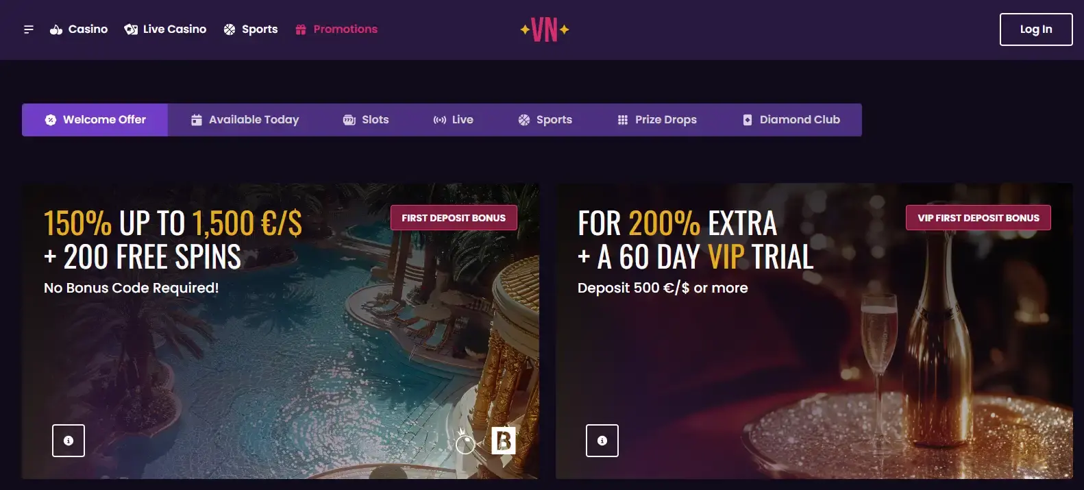 Vegas Now promotions page showing the current welcome offer