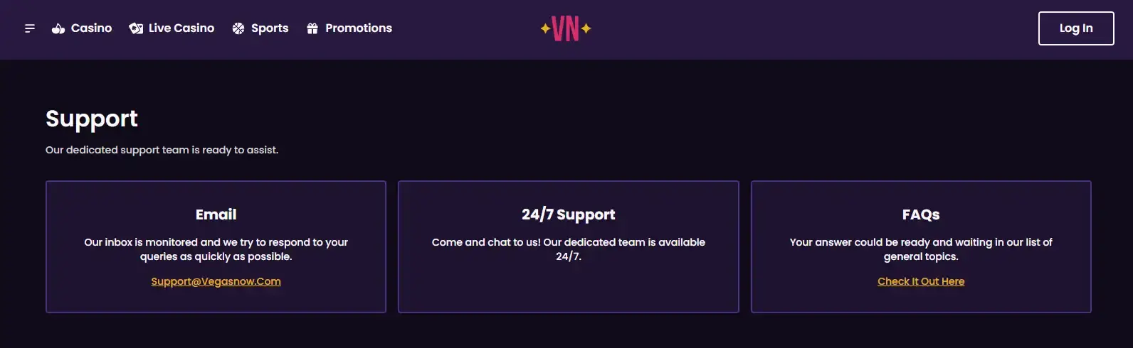 Vegas Now Support and Account Help