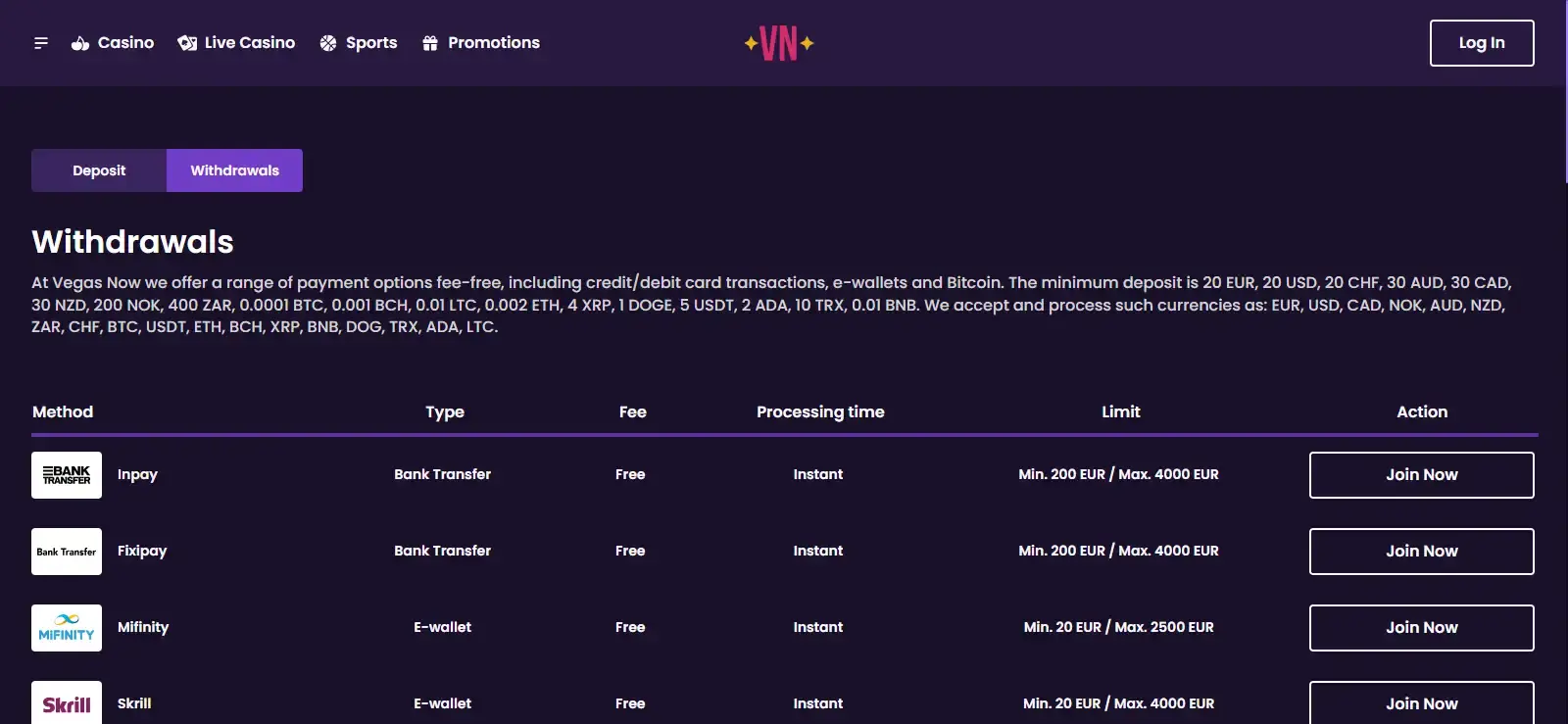 Vegas Now withdrawal and payments interface